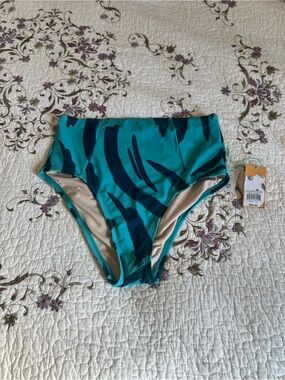 Kona Sol High-Waisted Abstract Blue Teal Swim Bottom Women's Size M Resort Pool